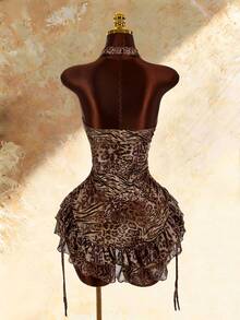 Amplova Boho Style High Neck Asymmetrical Ruffle Hem Waist-Cinching Mini Dress - Brown - View 2