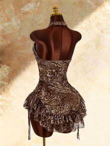 Amplova Boho Style High Neck Asymmetrical Ruffle Hem Waist-Cinching Mini Dress - Brown - View 10