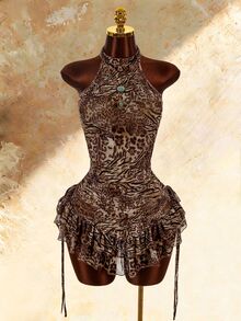 Amplova Boho Style High Neck Asymmetrical Ruffle Hem Waist-Cinching Mini Dress - Brown - View 3