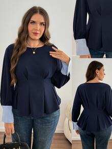 Comfylo Plus Size Women's Patchwork Striped Cuff Pleated Hem Blouse - Navy Blue - View 2