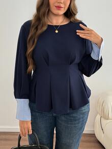 Comfylo Plus Size Women's Patchwork Striped Cuff Pleated Hem Blouse - Navy Blue - View 9