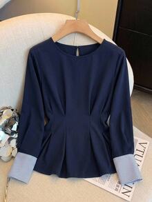 Comfylo Plus Size Women's Patchwork Striped Cuff Pleated Hem Blouse - Navy Blue - View 1