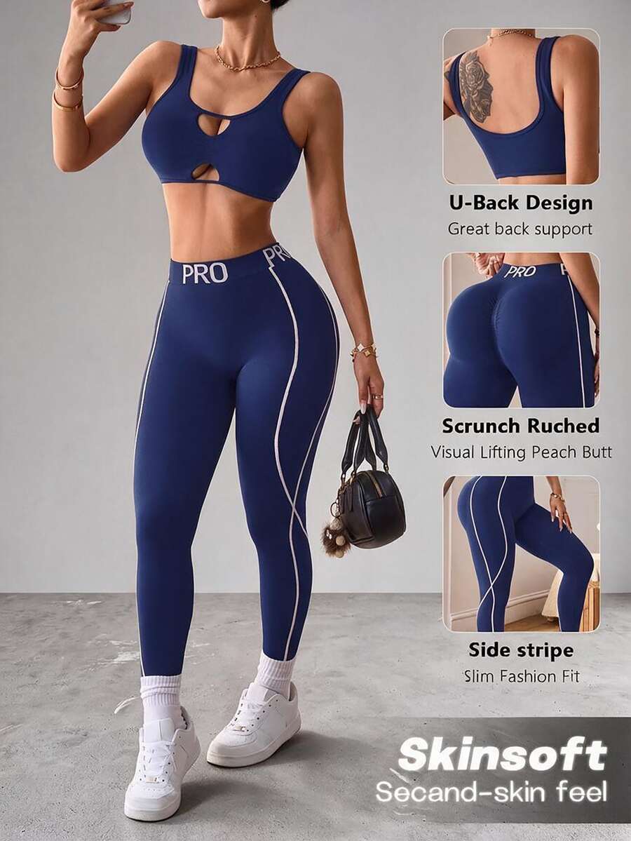 Slayform Slayform Women's Solid Color Cutout Design Bra And Leggings Sports Set - Navy Blue - View 1