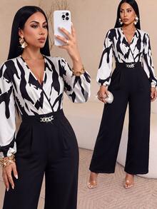 Zolique 女款印花重疊V領燈籠袖優雅寬腿連身褲 - 彩色 - 查看 3