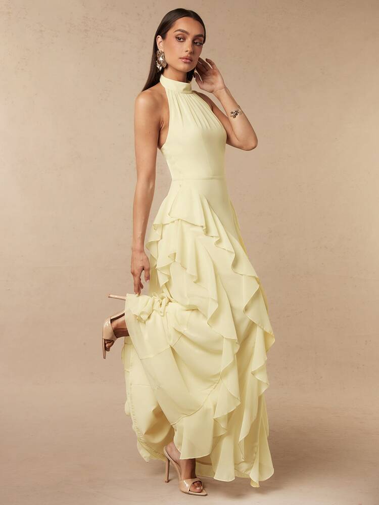Silquee 女款淡黃色立領無袖荷葉邊修身長洋裝，性感優雅，適合情人節、約會、花園派對、野餐、夜店派對與正式晚宴，夏季洋裝、優雅派對洋裝、度假洋裝、婚禮賓客洋裝、女款度假套裝、奢華婚禮晚禮服、畢業洋裝、舞會洋裝、慶典洋裝、女款優雅洋裝、女款休閒洋裝、印花洋裝，浪漫洋裝 - 鵝黃色 - 查看 1