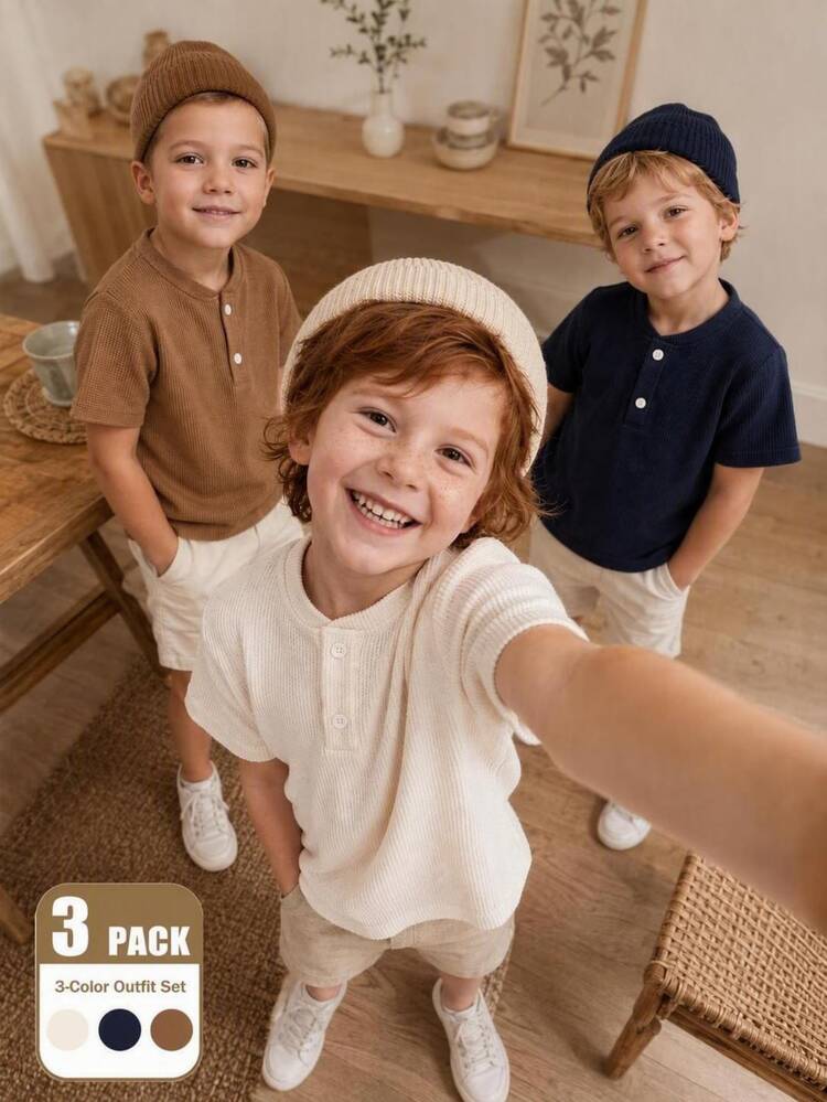 SHEIN 3 Pack Baby Toddler Boy Henley Polo Shirt Elegant Preppy Brown Navy Cream Ribbed Waffle Button Short Sleeve Henley Birthday Party Summer Jogging Cozy - Multicolor - View 2