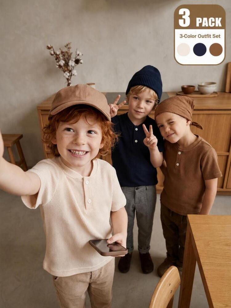 SHEIN 3 Pack Baby Toddler Boy Henley Polo Shirt Elegant Preppy Brown Navy Cream Ribbed Waffle Button Short Sleeve Henley Birthday Party Summer Jogging Cozy - Multicolor - View 3