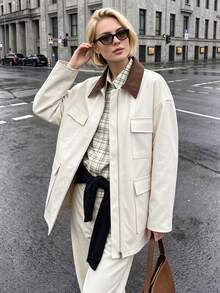 Flora Isola Flora Isola Women's Autumn/Winter Single Piece Colorblock Lapel Multi-Pocket Utility Jacket, Loose Drop Shoulder Casual Commute Jacket - Apricot - View 4