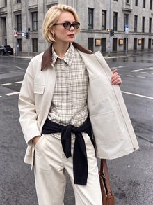Flora Isola Flora Isola Women's Autumn/Winter Single Piece Colorblock Lapel Multi-Pocket Utility Jacket, Loose Drop Shoulder Casual Commute Jacket - Apricot - View 5