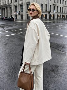 Flora Isola Flora Isola Women's Autumn/Winter Single Piece Colorblock Lapel Multi-Pocket Utility Jacket, Loose Drop Shoulder Casual Commute Jacket - Apricot - View 3