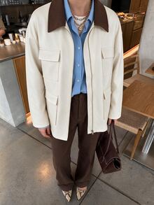 Flora Isola Flora Isola Women's Autumn/Winter Single Piece Colorblock Lapel Multi-Pocket Utility Jacket, Loose Drop Shoulder Casual Commute Jacket - Apricot - View 1