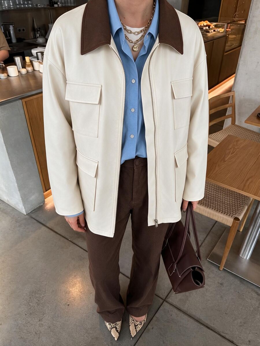 Flora Isola Flora Isola Women's Autumn/Winter Single Piece Colorblock Lapel Multi-Pocket Utility Jacket, Loose Drop Shoulder Casual Commute Jacket - Apricot - View 1
