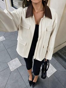 Flora Isola Flora Isola Women's Autumn/Winter Single Piece Colorblock Lapel Multi-Pocket Utility Jacket, Loose Drop Shoulder Casual Commute Jacket - Apricot - View 2