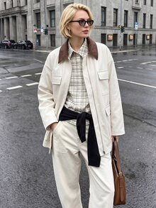 Flora Isola Flora Isola Women's Autumn/Winter Single Piece Colorblock Lapel Multi-Pocket Utility Jacket, Loose Drop Shoulder Casual Commute Jacket - Apricot - View 7