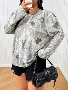 SHEIN EZwear 大尺碼女款葉子印花圓領長袖休閒T恤 秋季 - 彩色 - 查看 6