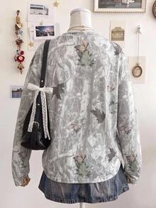 SHEIN EZwear 大尺碼女款葉子印花圓領長袖休閒T恤 秋季 - 彩色 - 查看 2