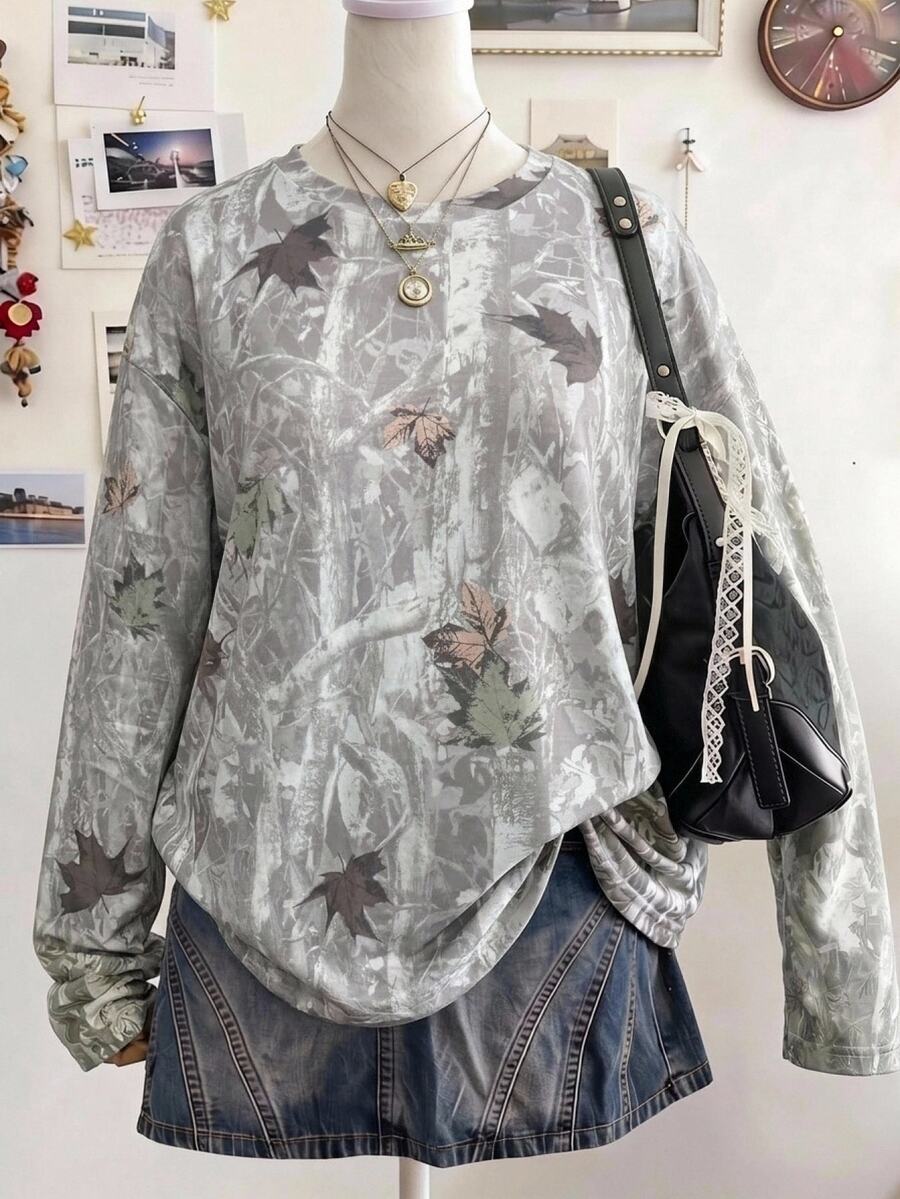 SHEIN EZwear 大尺碼女款葉子印花圓領長袖休閒T恤 秋季 - 彩色 - 查看 1