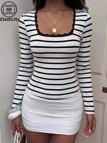Easowa Curve 大尺碼船領腰部抽褶條紋印花休閒舒適修身T恤，適合秋季 - 黑與白 - 查看 9