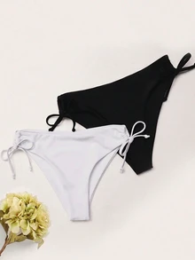 Swim Basics 2pcs Women's Lace-Up Bikini Bottom, Black & White Combination - Black and White - View 2
