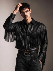 FeverCity Men's Collared Long Sleeve Short Jacket And Outerwear - Black - View 3