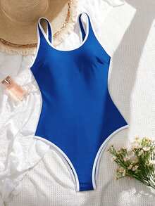 Swim SPRTY Women's Backless One-Piece Swimsuit With Wide Straps, Suitable For Beach Holiday Blue And White Summer Athleisure Casual Streetwear - Royal Blue - View 5
