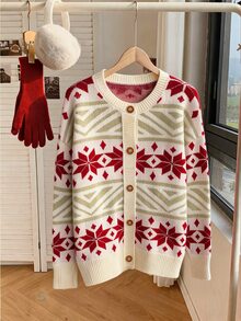 Elamini Women's Casual Young Snowflake Pattern Striped Knit Cardigan, Autumn/Winter - Multicolor - View 5