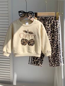SHEIN Baby Girl Knitted Cherry & Leopard Print Sweatshirt And Leopard Print Pants 2 Pieces Set, Suitable For Autumn And Winter - Multicolor - View 2
