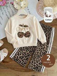 SHEIN Baby Girl Knitted Cherry & Leopard Print Sweatshirt And Leopard Print Pants 2 Pieces Set, Suitable For Autumn And Winter - Multicolor - View 4
