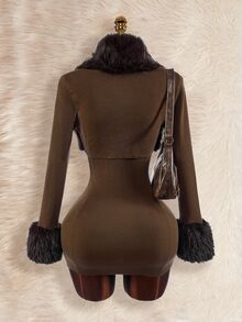 Amplova Women's Fur Collar Patchwork 2 Pieces Set Split Linear Design Bodycon Mini Knit Dress, Sexy Avant-Garde Style For Autumn/Winter - Brown - View 10