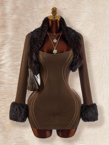 Amplova Women's Fur Collar Patchwork 2 Pieces Set Split Linear Design Bodycon Mini Knit Dress, Sexy Avant-Garde Style For Autumn/Winter - Brown - View 14