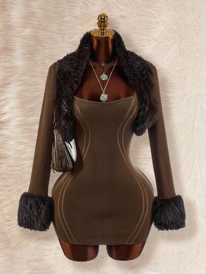 Amplova Women's Fur Collar Patchwork 2 Pieces Set Split Linear Design Bodycon Mini Knit Dress, Sexy Avant-Garde Style For Autumn/Winter