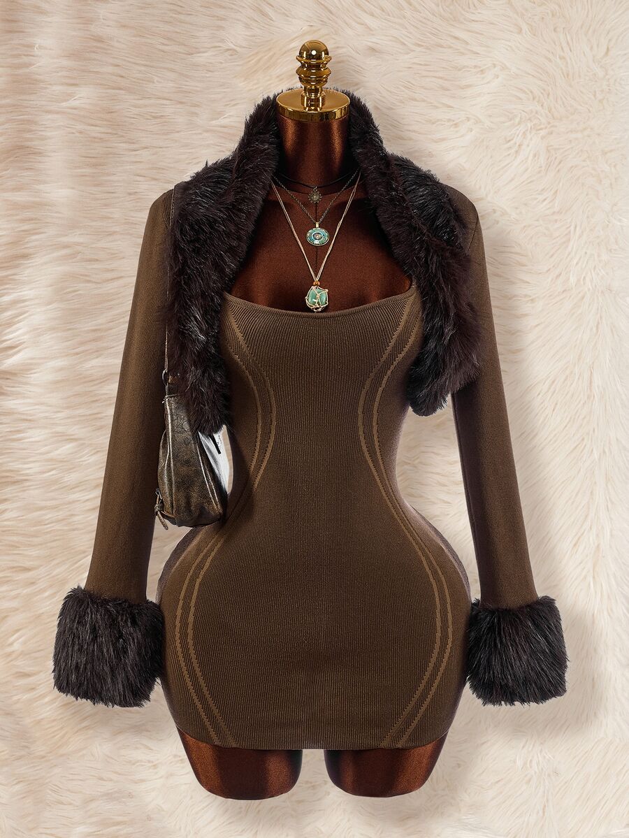 Amplova Set 2 Potong Patchwork Kerah Bulu Wanita, Gaun Mini Rajut Bodycon Desain Linear Terpisah, Gaya Avant-Garde Seksi untuk Musim Gugur/Dingin - Coklat - View 1