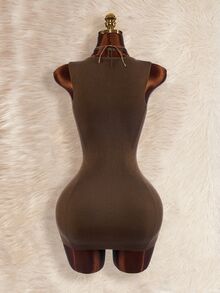 Amplova Women's Fur Collar Patchwork 2 Pieces Set Split Linear Design Bodycon Mini Knit Dress, Sexy Avant-Garde Style For Autumn/Winter - Brown - View 13