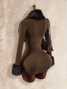 Amplova Women's Fur Collar Patchwork 2 Pieces Set Split Linear Design Bodycon Mini Knit Dress, Sexy Avant-Garde Style For Autumn/Winter - Brown - View 11