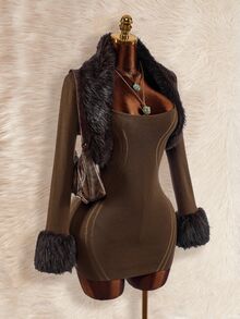 Amplova Women's Fur Collar Patchwork 2 Pieces Set Split Linear Design Bodycon Mini Knit Dress, Sexy Avant-Garde Style For Autumn/Winter - Brown - View 8