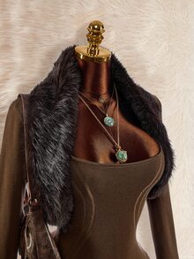 Amplova Women's Fur Collar Patchwork 2 Pieces Set Split Linear Design Bodycon Mini Knit Dress, Sexy Avant-Garde Style For Autumn/Winter - Brown - View 6