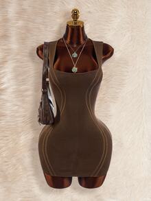 Amplova Women's Fur Collar Patchwork 2 Pieces Set Split Linear Design Bodycon Mini Knit Dress, Sexy Avant-Garde Style For Autumn/Winter - Brown - View 2