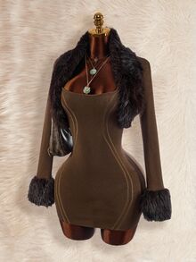 Amplova Women's Fur Collar Patchwork 2 Pieces Set Split Linear Design Bodycon Mini Knit Dress, Sexy Avant-Garde Style For Autumn/Winter - Brown - View 9
