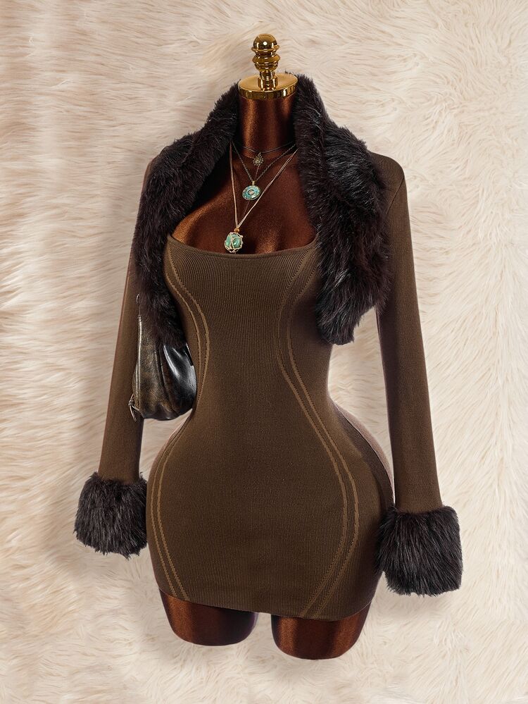 Amplova Set 2 Potong Patchwork Kerah Bulu Wanita, Gaun Mini Rajut Bodycon Desain Linear Terpisah, Gaya Avant-Garde Seksi untuk Musim Gugur/Dingin - Coklat - View 9
