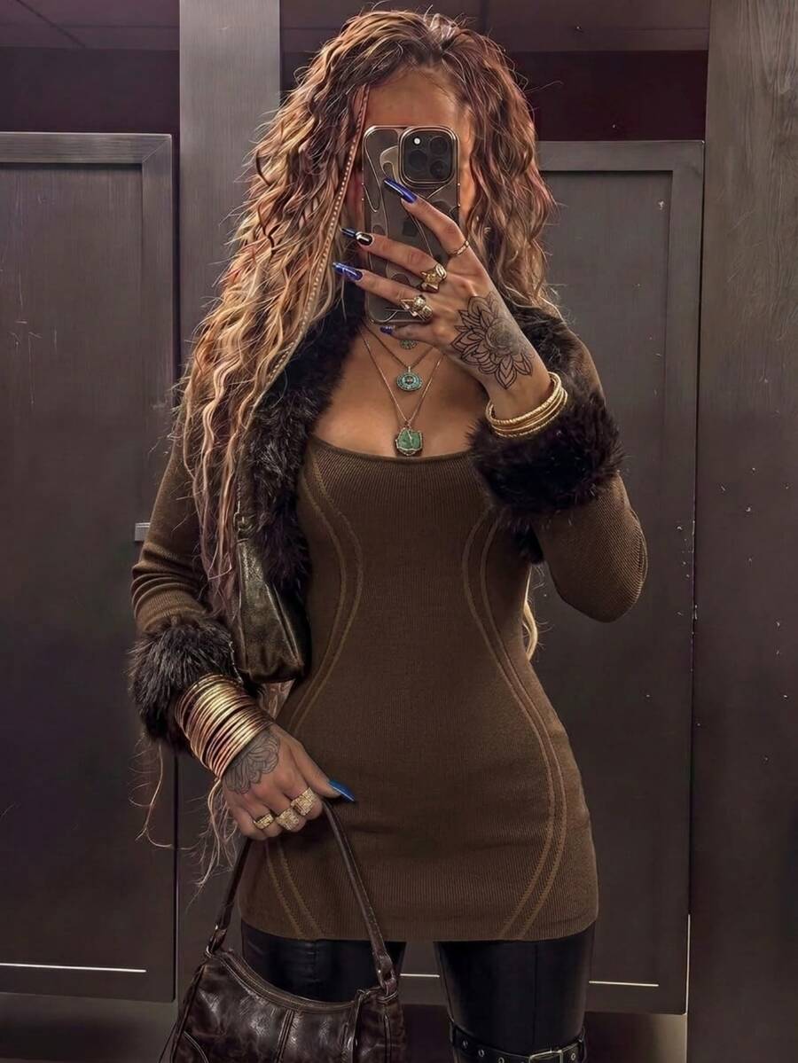 Amplova Women's Fur Collar Patchwork 2 Pieces Set Split Linear Design Bodycon Mini Knit Dress, Sexy Avant-Garde Style For Autumn/Winter - Brown - View 1