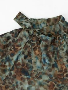 SHEIN Atasan Lengan Panjang Elegan Serbaguna Motif Leopard dengan Pita untuk Kerja Kantor, Warna Hijau Motif Leopard Musim Gugur - Hijau Tentara - View 6