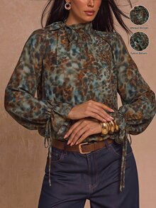 SHEIN Atasan Lengan Panjang Elegan Serbaguna Motif Leopard dengan Pita untuk Kerja Kantor, Warna Hijau Motif Leopard Musim Gugur - Hijau Tentara - View 4