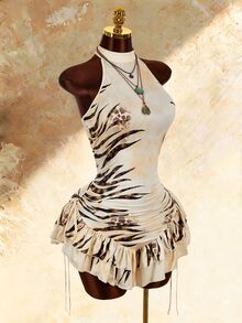 Amplova Women's Mini Dress Halter Neck Backless Lace Hem Positioned Print Vintage - Apricot - View 8