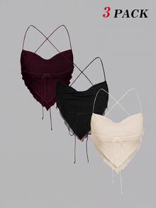 SHEIN MOD 3件組女款垂領方襬背心上衣 - 酒紅色 - 查看 2