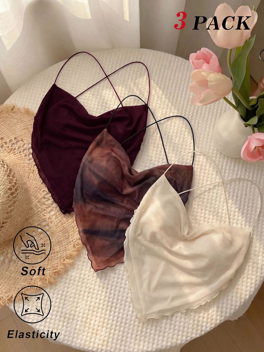 SHEIN MOD 3件組女款垂領方襬背心上衣 - 酒紅色 - 查看 1