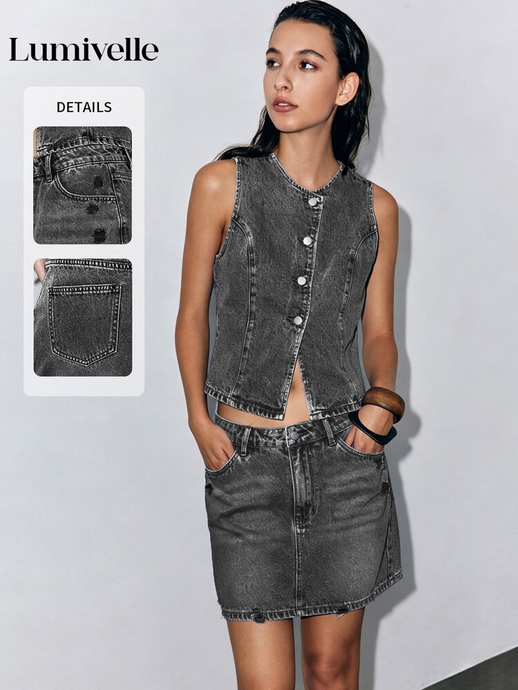 Lumivelle Rok Mini Denim Kasual Wanita dengan Saku dan Kancing, Serbaguna untuk Pemakaian Sehari-hari dan Acara Jalan-jalan - Light Grey - View 1