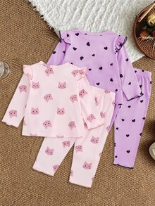 SHEIN Vintaside Kids 4PCS Baby Girls T-Shirt Co-Ords Work Family Matching Milestone Family Photoshoot Pink Purple Autumn Cute Cute Daddys Girl - Purple - View 2