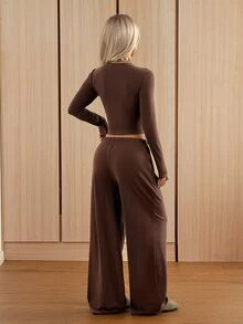 SHEIN EZwear Women's Solid Color Pleated Long Sleeve Top And Pants Casual Daily Set Going Out Lounge Coffee Brown Winter - Coffee Brown - View 3
