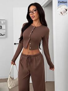 SHEIN EZwear Women's Solid Color Pleated Long Sleeve Top And Pants Casual Daily Set Going Out Lounge Coffee Brown Winter - Coffee Brown - View 10