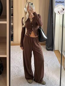 SHEIN EZwear Women's Solid Color Pleated Long Sleeve Top And Pants Casual Daily Set Going Out Lounge Coffee Brown Winter - Coffee Brown - View 2